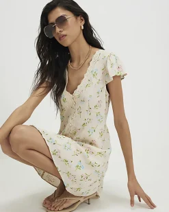 Cream Lace Trim Floral Print Mini Dress