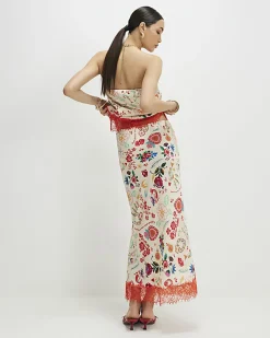 Cream Lace Trim Printed Slip Skirt