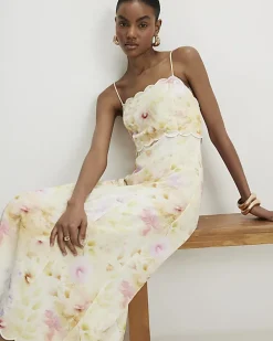 Cream Linen Blend Floral Scallop Midi Dress