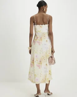 Cream Linen Blend Floral Scallop Midi Dress