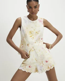 Cream Linen Blend Floral Scallop Trim Shorts