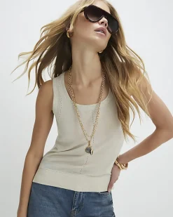 Cream Linen Blend Knitted Vest Top
