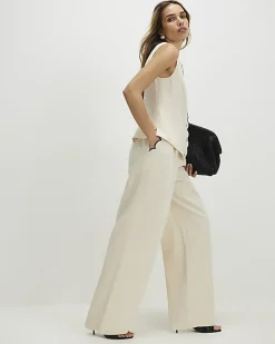 Cream Linen Blend Scallop Wide Leg Trousers