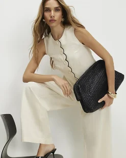 Cream Linen Blend Scallop Trim Waistcoat