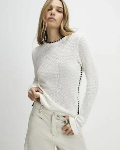 Cream Long Sleeve Whipstitch Trim Top