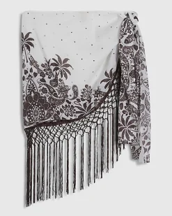 Cream Print Fringe Sarong
