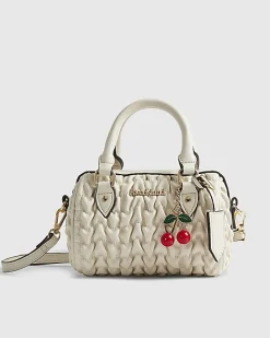 Cream Ruched Cherry Charm Mini Bowler Bag