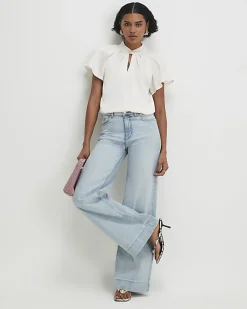 Cream Satin Angel Sleeve Twist Front Top