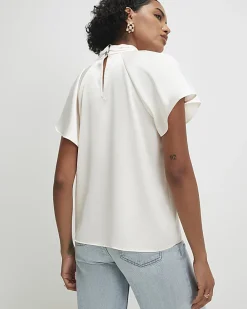 Cream Satin Angel Sleeve Twist Front Top