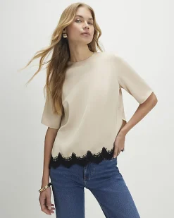 Cream Satin Short Sleeve Lace Trim Top