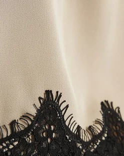 Cream Satin Short Sleeve Lace Trim Top