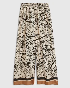 Cream Satin Zebra Print Wide Leg Trousers