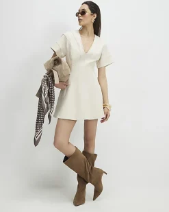 Cream Seamed Short Sleeve Denim Dress