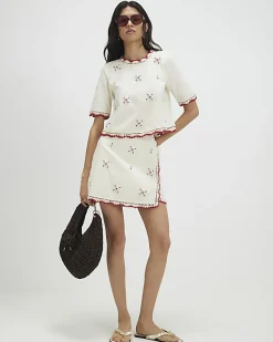 Cream Shell Flower Top and Skirt Set