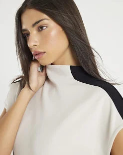 Cream Short Sleeve Colour Block High Neck Top