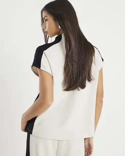 Cream Short Sleeve Colour Block High Neck Top