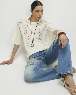 Cream Short Sleeve Palm Broderie T-shirt