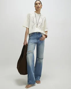 Cream Short Sleeve Palm Broderie T-shirt