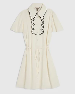 Cream Short Sleeve Scallop Trim Shirt Dress