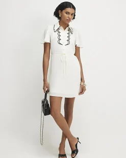 Cream Short Sleeve Scallop Trim Shirt Dress