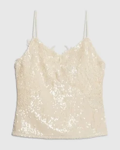 Cream Sleeveless Sequin Lace Cami Top