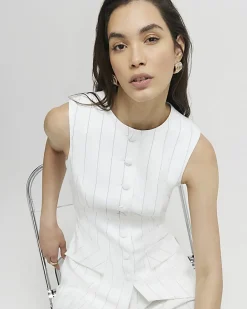 Cream Sleeveless Striped Longline Waistcoat
