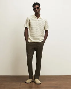 Cream Slim Fit Crochet Open Neck Polo Shirt