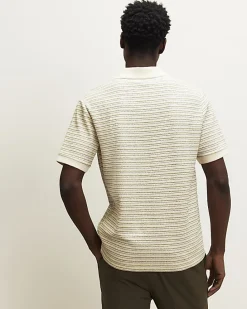 Cream Slim Fit Crochet Open Neck Polo Shirt
