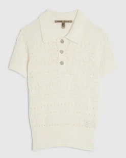 Cream Stitched Knit Polo Top