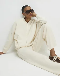 Cream Stretch Wide Leg Trousers