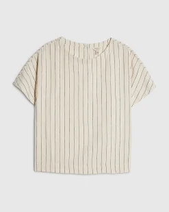 Cream Striped Linen Blend T-Shirt