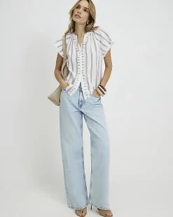 Cream Striped Short Sleeve Frill Top