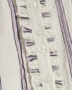 Cream Striped Short Sleeve Frill Top