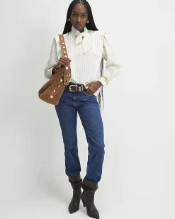 Cream Striped Tie Neck Blouse