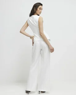 Cream Striped Wide Leg Trousers