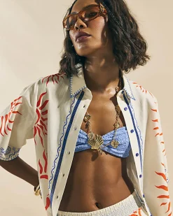 Cream Sun Embroidered Border Shirt