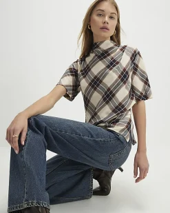 Cream Tartan Print Short Sleeve Top