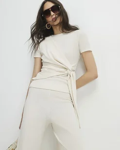 Cream Textured Knot Front Top