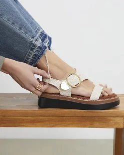 Cream Two Part Ring Buckle Flatform Sandals