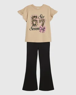 Girls Beige Leopard 67 T-Shirt & Leggings Set