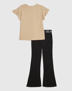 Girls Beige Leopard 67 T-Shirt & Leggings Set