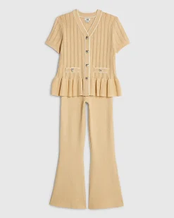 Girls Beige Peplum Hem Short Sleeve Top Set