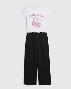 Girls Black Bow Good Vibes Tracksuit Set