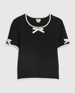 Girls Black Bow Ruffle Trim Knitted T-Shirt
