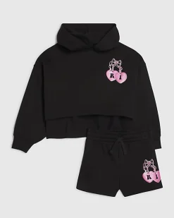 Girls Black Cherry Hoodie And Shorts Set