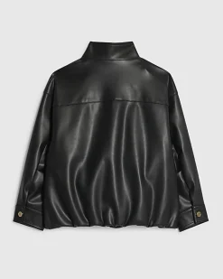 Girls Black Faux Leather Funnel Bomber Jacket