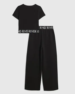Girls Black Graffiti Wide Leg Trousers Set