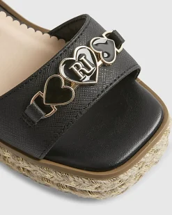 Girls Black Heart Snaffle Wedge Sandals