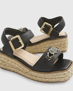 Girls Black Heart Snaffle Wedge Sandals