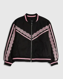 Girls Black Lace Trim Bomber Jacket